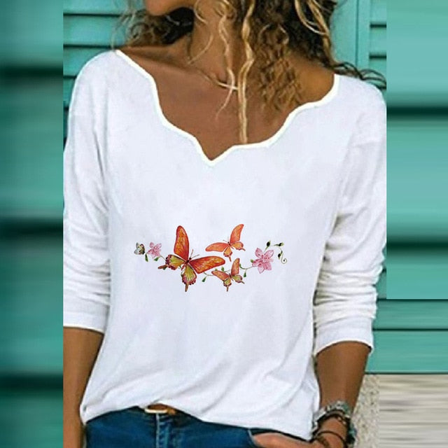 2020 Women Sexy V Neck Blouse Shirt Autumn Long Sleeve Tops Blusas Casual Floral Print Loose Shirt Pullover Streetwear Plus Size