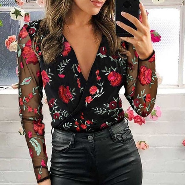 New Women Mesh Sheer Blouse See-through Puff Long Sleeve Blouse Fashion Pearl Transparent White Shirt Female Blusas Autumn Tops