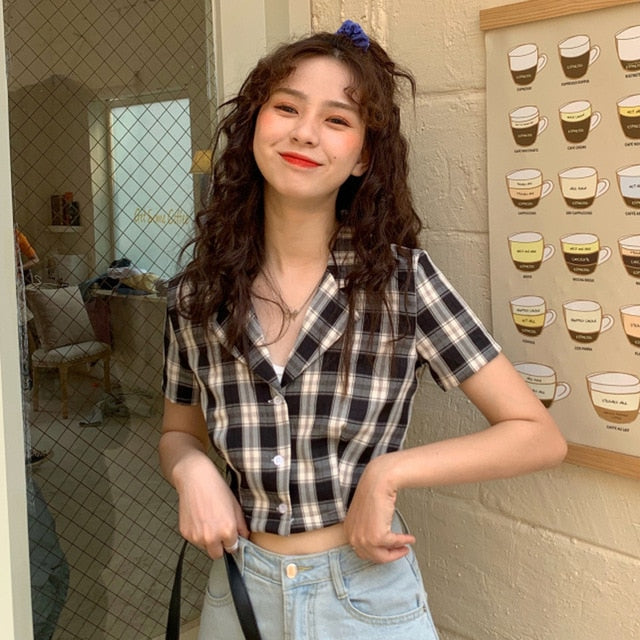 Summer blouse women vintage crop shirt streetwear plaid ladies tops elegant button up shirt korean crop top red 2020