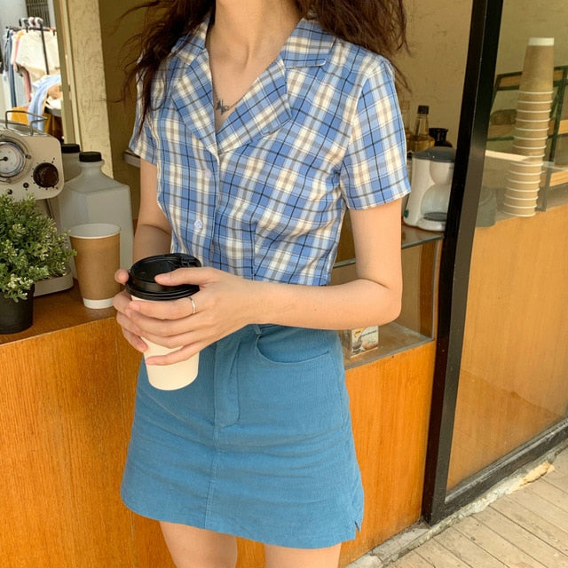 Summer blouse women vintage crop shirt streetwear plaid ladies tops elegant button up shirt korean crop top red 2020