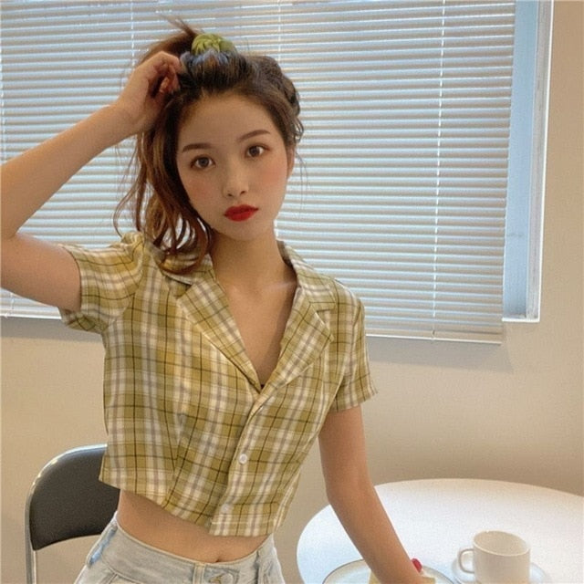 Summer blouse women vintage crop shirt streetwear plaid ladies tops elegant button up shirt korean crop top red 2020
