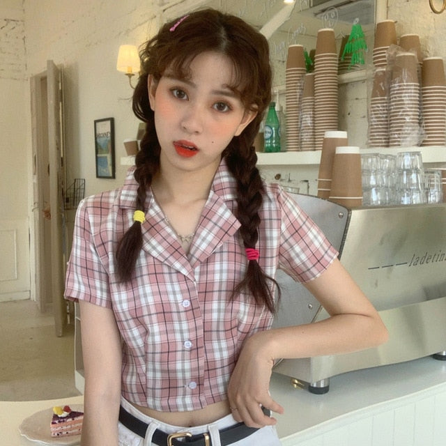 Summer blouse women vintage crop shirt streetwear plaid ladies tops elegant button up shirt korean crop top red 2020