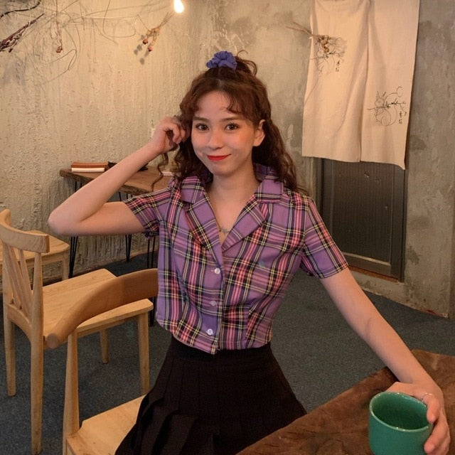 Summer blouse women vintage crop shirt streetwear plaid ladies tops elegant button up shirt korean crop top red 2020
