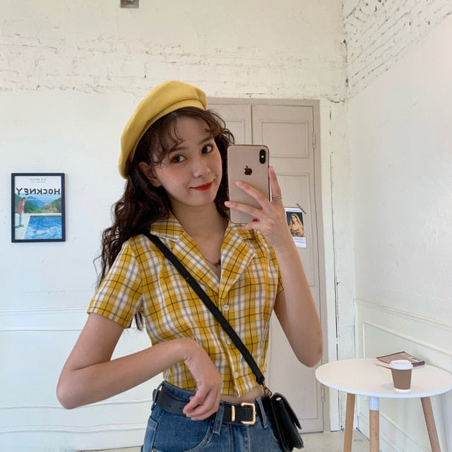 Summer blouse women vintage crop shirt streetwear plaid ladies tops elegant button up shirt korean crop top red 2020