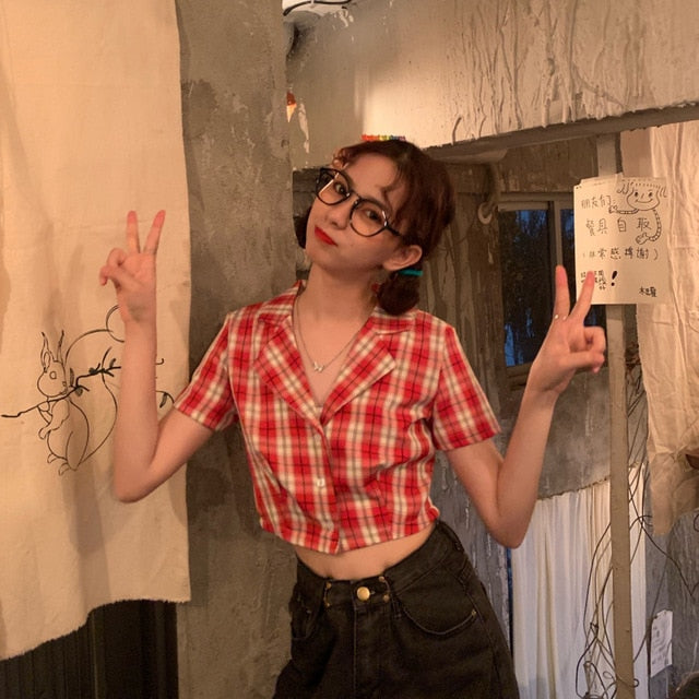 Summer blouse women vintage crop shirt streetwear plaid ladies tops elegant button up shirt korean crop top red 2020