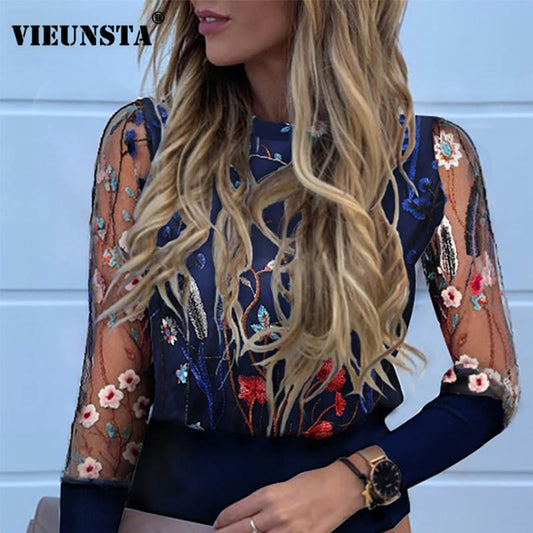 New Women Mesh Sheer Blouse See-through Puff Long Sleeve Blouse Fashion Pearl Transparent White Shirt Female Blusas Autumn Tops