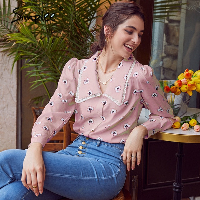 Simplee Vintage floral print blouse women Casual long sleeve female top shirt v-neck streetwear office ladies blouse shirt 2020