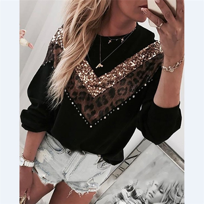 Leopard Shirt Ladies Fashion Sequined Leopard Stitching Long Sleeve Round Neck Blouse Women Tops Autumn Winter Blouse Tops