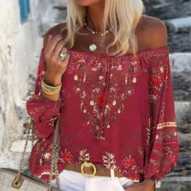 Women Sexy Lace-up Tassel Off Shoulder Blouse Shirt 2020 Autumn Elegant Floral Print Flare Long Sleeve Tops Ladies Chic Blouses
