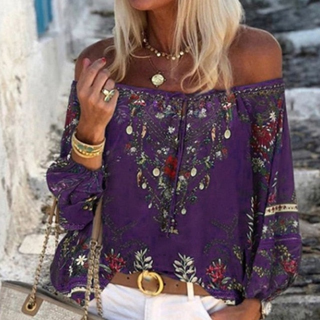Women Sexy Lace-up Tassel Off Shoulder Blouse Shirt 2020 Autumn Elegant Floral Print Flare Long Sleeve Tops Ladies Chic Blouses