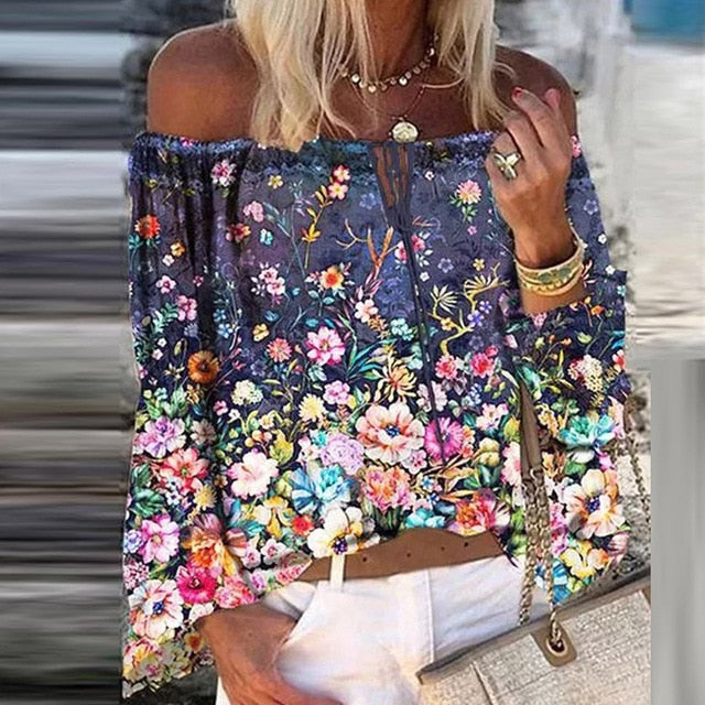 Women Sexy Lace-up Tassel Off Shoulder Blouse Shirt 2020 Autumn Elegant Floral Print Flare Long Sleeve Tops Ladies Chic Blouses