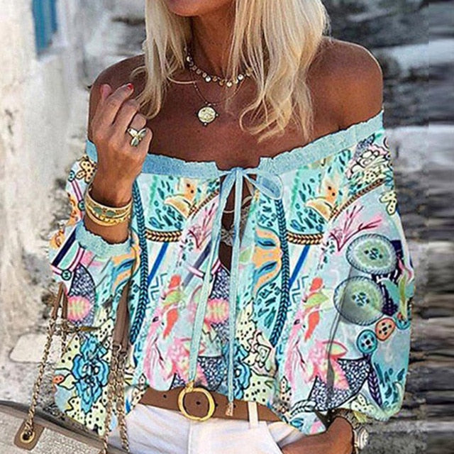 Women Sexy Lace-up Tassel Off Shoulder Blouse Shirt 2020 Autumn Elegant Floral Print Flare Long Sleeve Tops Ladies Chic Blouses
