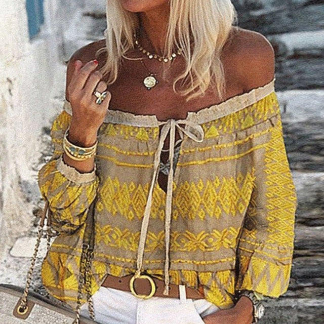 Women Sexy Lace-up Tassel Off Shoulder Blouse Shirt 2020 Autumn Elegant Floral Print Flare Long Sleeve Tops Ladies Chic Blouses