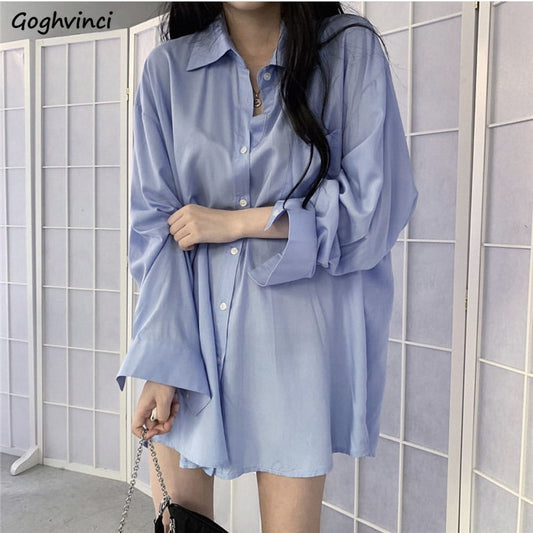 Solid Shirts Women Single Breasted Thin Simple Oversize Korean Style Chic Leisure Fashion Loose Female Blouses Ins BF Teens New