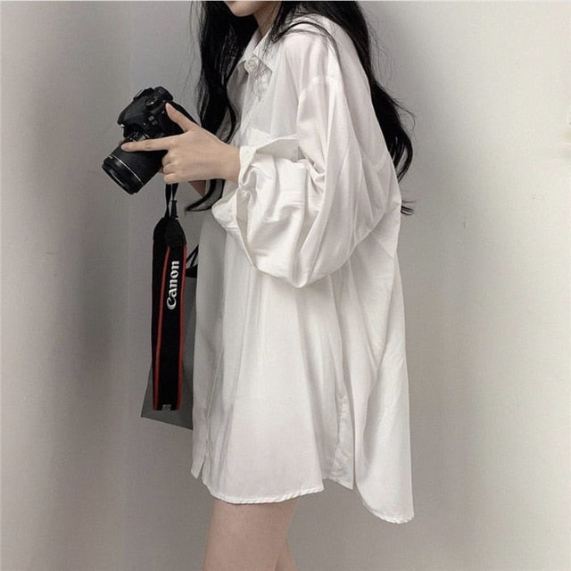 Solid Shirts Women Single Breasted Thin Simple Oversize Korean Style Chic Leisure Fashion Loose Female Blouses Ins BF Teens New