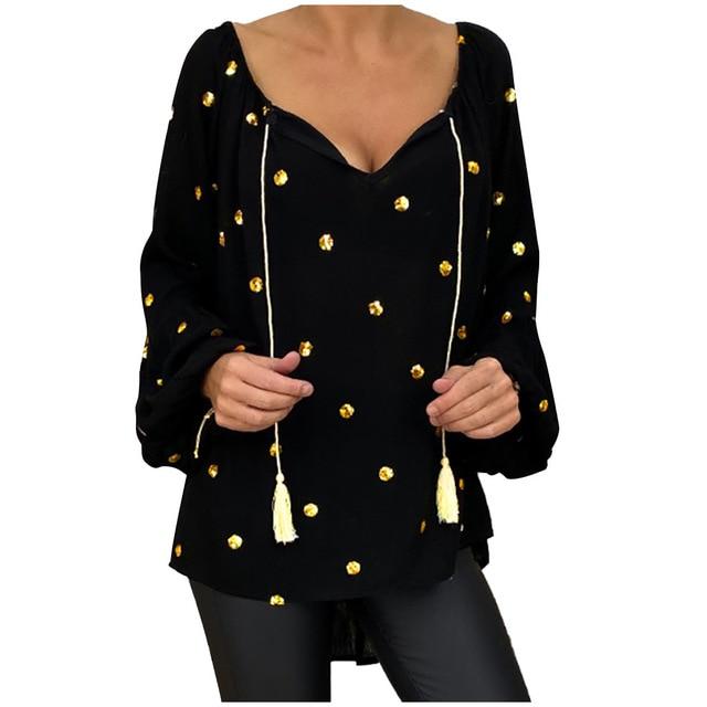 Plus Size Women Blouse V-Neck Tassel Tops Dots Print Long Flare Sleeve Loose Pullover Female 2020 Summer Fashion Long Blouses