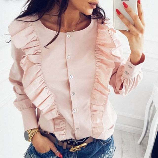 Lady Autumn Long Sleeve Polka Dot Ruffle Blouse Shirt Elegant Casual O Neck Buttons Pullover Women 2020 Spring streetwear Tops