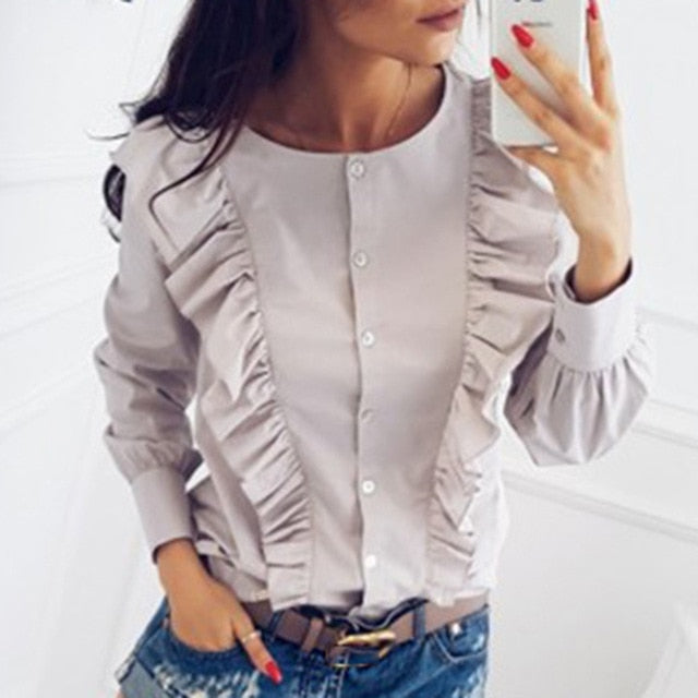 Lady Autumn Long Sleeve Polka Dot Ruffle Blouse Shirt Elegant Casual O Neck Buttons Pullover Women 2020 Spring streetwear Tops