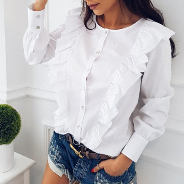 Lady Autumn Long Sleeve Polka Dot Ruffle Blouse Shirt Elegant Casual O Neck Buttons Pullover Women 2020 Spring streetwear Tops