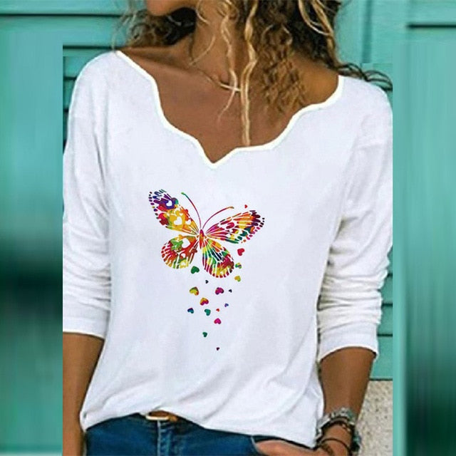 2020 Women Sexy V Neck Blouse Shirt Autumn Long Sleeve Tops Blusas Casual Floral Print Loose Shirt Pullover Streetwear Plus Size
