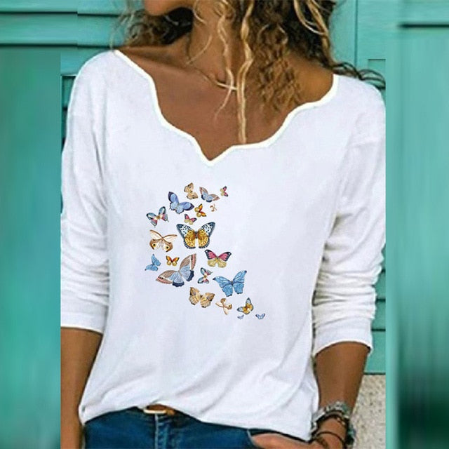 2020 Women Sexy V Neck Blouse Shirt Autumn Long Sleeve Tops Blusas Casual Floral Print Loose Shirt Pullover Streetwear Plus Size