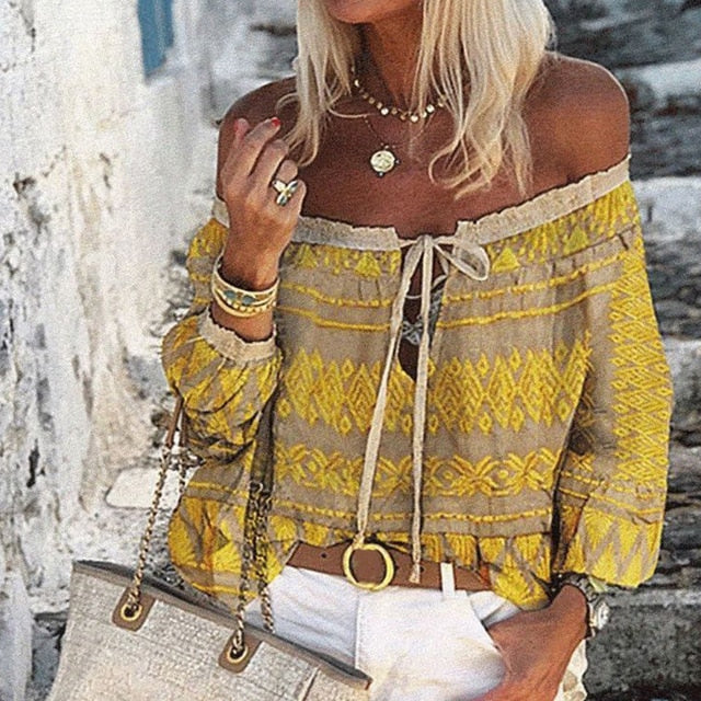 Summer Off Shoulder Floral Print Blouse Shirts Women Elegant Lace-up Hollow Out Top Vintage Flare Sleeve Ladies Office Blouses