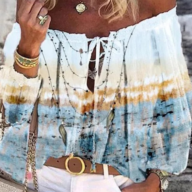 Summer Off Shoulder Floral Print Blouse Shirts Women Elegant Lace-up Hollow Out Top Vintage Flare Sleeve Ladies Office Blouses