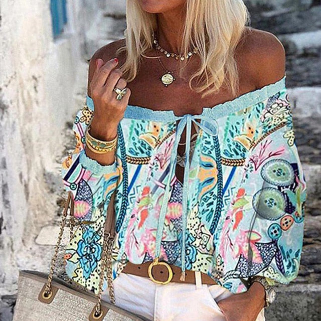 Summer Off Shoulder Floral Print Blouse Shirts Women Elegant Lace-up Hollow Out Top Vintage Flare Sleeve Ladies Office Blouses