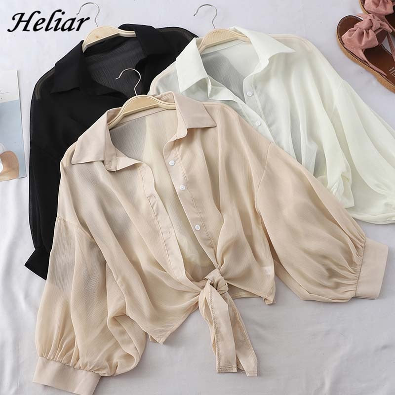 HELIAR Chiffon Shirts Women Half Sleeve Button Up Chiffon Blouses Female Elegant Casual Solid OL Shirts For Women 2020 Autumn