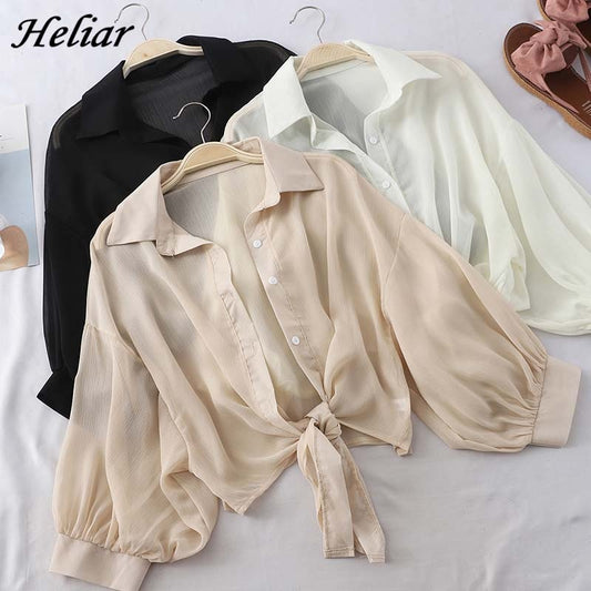 HELIAR Chiffon Shirts Women Half Sleeve Button Up Chiffon Blouses Female Elegant Casual Solid OL Shirts For Women 2020 Autumn