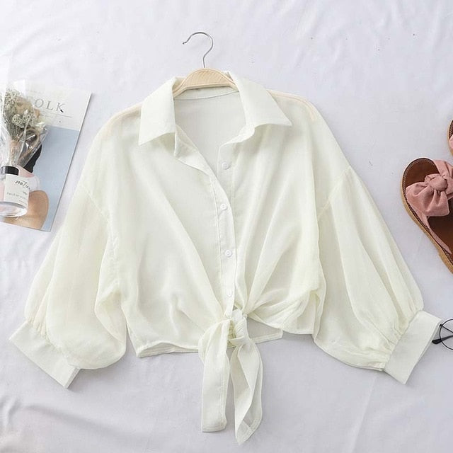 HELIAR Chiffon Shirts Women Half Sleeve Button Up Chiffon Blouses Female Elegant Casual Solid OL Shirts For Women 2020 Autumn