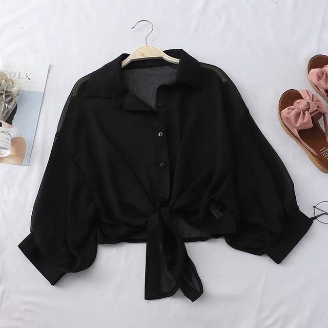 HELIAR Chiffon Shirts Women Half Sleeve Button Up Chiffon Blouses Female Elegant Casual Solid OL Shirts For Women 2020 Autumn