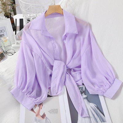 HELIAR Chiffon Shirts Women Half Sleeve Button Up Chiffon Blouses Female Elegant Casual Solid OL Shirts For Women 2020 Autumn