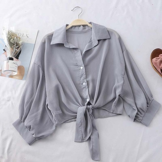 HELIAR Chiffon Shirts Women Half Sleeve Button Up Chiffon Blouses Female Elegant Casual Solid OL Shirts For Women 2020 Autumn