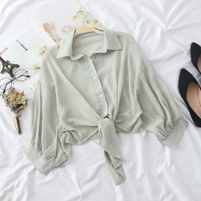 HELIAR Chiffon Shirts Women Half Sleeve Button Up Chiffon Blouses Female Elegant Casual Solid OL Shirts For Women 2020 Autumn