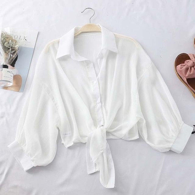 HELIAR Chiffon Shirts Women Half Sleeve Button Up Chiffon Blouses Female Elegant Casual Solid OL Shirts For Women 2020 Autumn