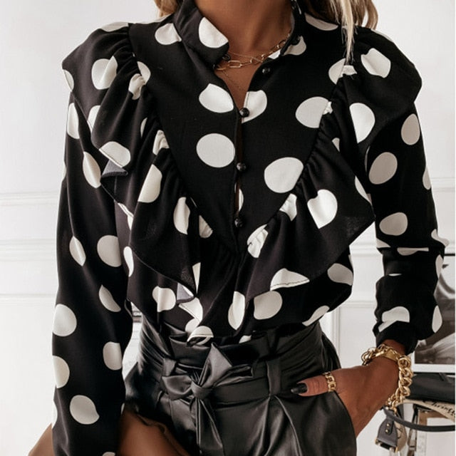 Lady Autumn Long Sleeve Polka Dot Ruffle Blouse Shirt Elegant Casual O Neck Buttons Pullover Women 2020 Spring streetwear Tops