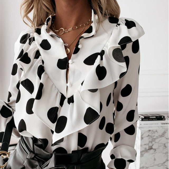 Lady Autumn Long Sleeve Polka Dot Ruffle Blouse Shirt Elegant Casual O Neck Buttons Pullover Women 2020 Spring streetwear Tops
