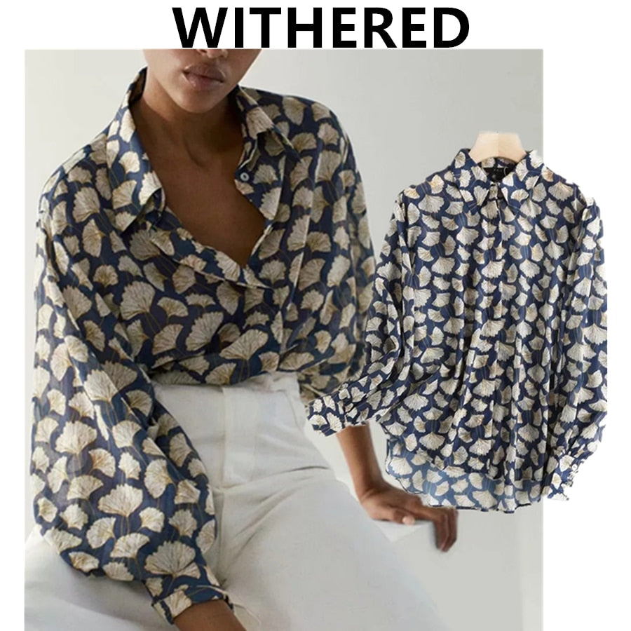 Withered autumn blouse women england style fashion elegant Leaf printing loose silk loose blusas mujer de moda 2020 shirt tops