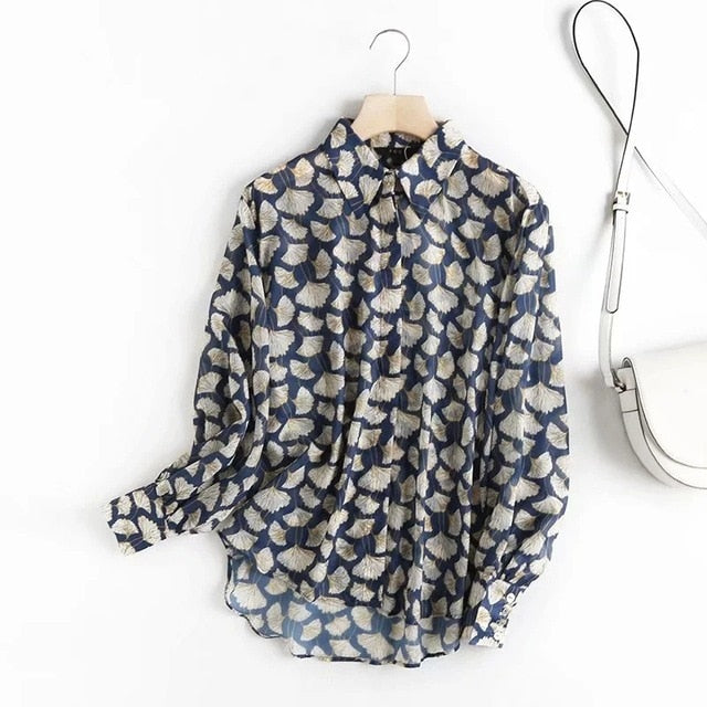 Withered autumn blouse women england style fashion elegant Leaf printing loose silk loose blusas mujer de moda 2020 shirt tops