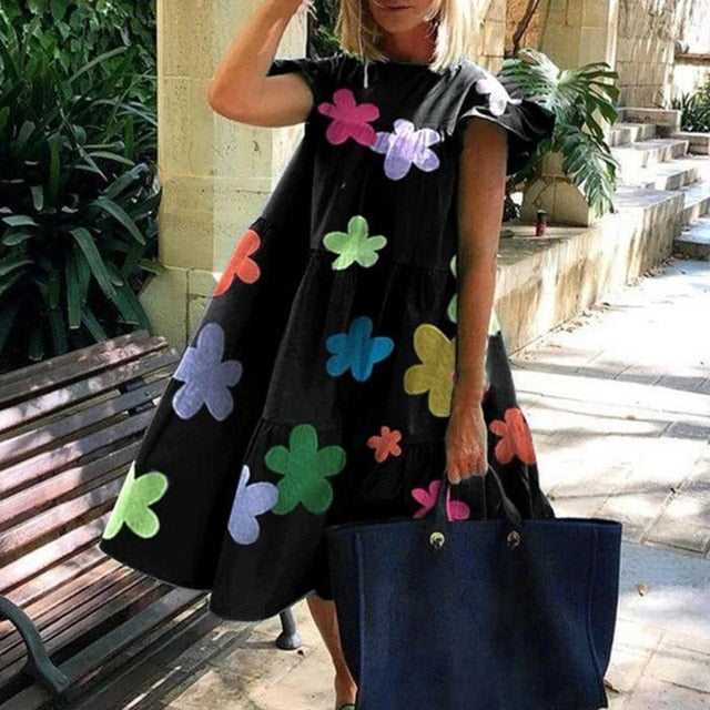 Summer Floral Leopard Print Half Sleeve Top shirt  Women Casual O Neck Loose long Top shirt Retro Elegant Female Vestidos