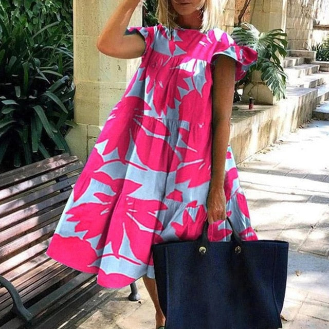 Summer Floral Leopard Print Half Sleeve Top shirt  Women Casual O Neck Loose long Top shirt Retro Elegant Female Vestidos