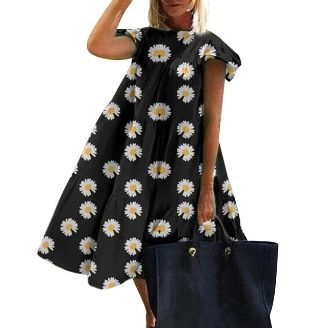 Summer Floral Leopard Print Half Sleeve Top shirt  Women Casual O Neck Loose long Top shirt Retro Elegant Female Vestidos