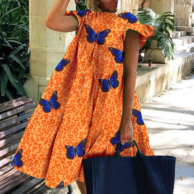 Summer Floral Leopard Print Half Sleeve Top shirt  Women Casual O Neck Loose long Top shirt Retro Elegant Female Vestidos