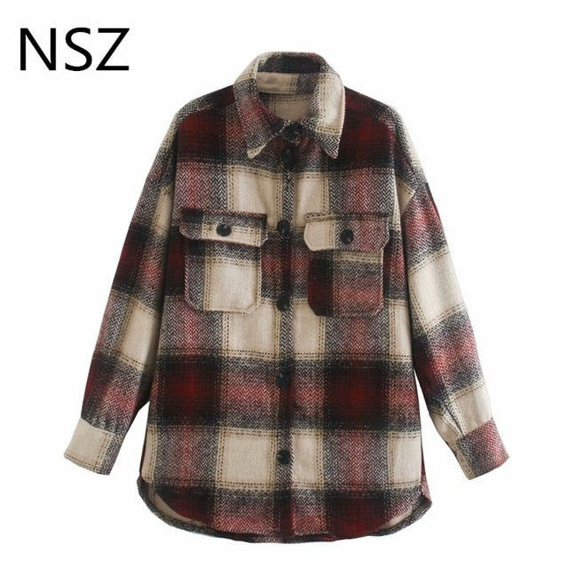 NSZ women plaid wool blouse long sleeve checked oversized woolen shirt turn down collar thick ladies vintage chic top blusa