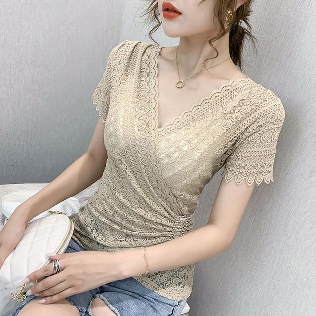 5XL Women lace tops New Arrivals 2020 Summer short sleeve v-neck women blouse shirt Sexy Hollow out lace tops plus size blusas