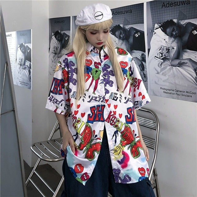 NiceMix Women blouse short Sleeve pattern Print Loose Blouses Tops Female Shirt Hip hop Ladies Casual Button Blouse Streetwear