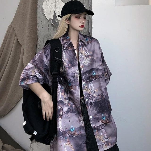 NiceMix Women blouse short Sleeve pattern Print Loose Blouses Tops Female Shirt Hip hop Ladies Casual Button Blouse Streetwear