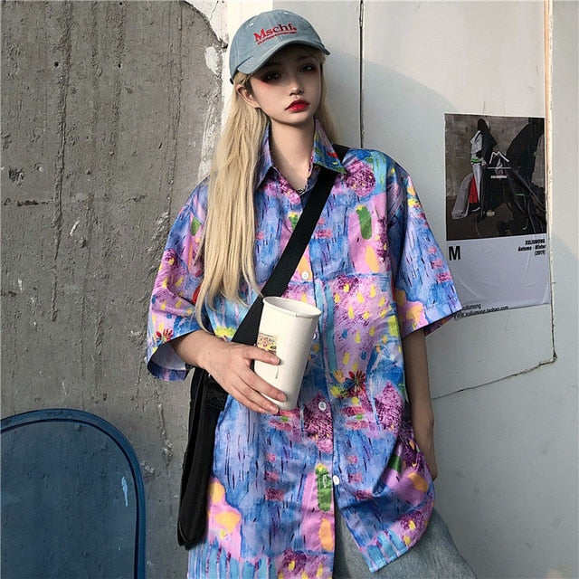 NiceMix Women blouse short Sleeve pattern Print Loose Blouses Tops Female Shirt Hip hop Ladies Casual Button Blouse Streetwear