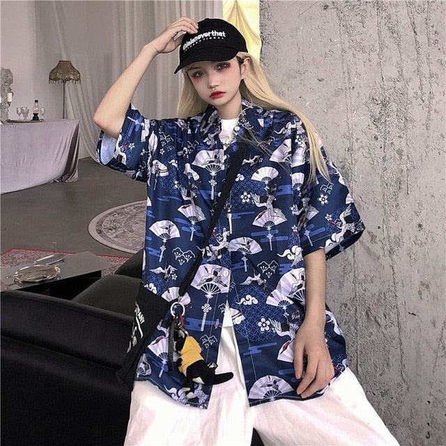 NiceMix Women blouse short Sleeve pattern Print Loose Blouses Tops Female Shirt Hip hop Ladies Casual Button Blouse Streetwear